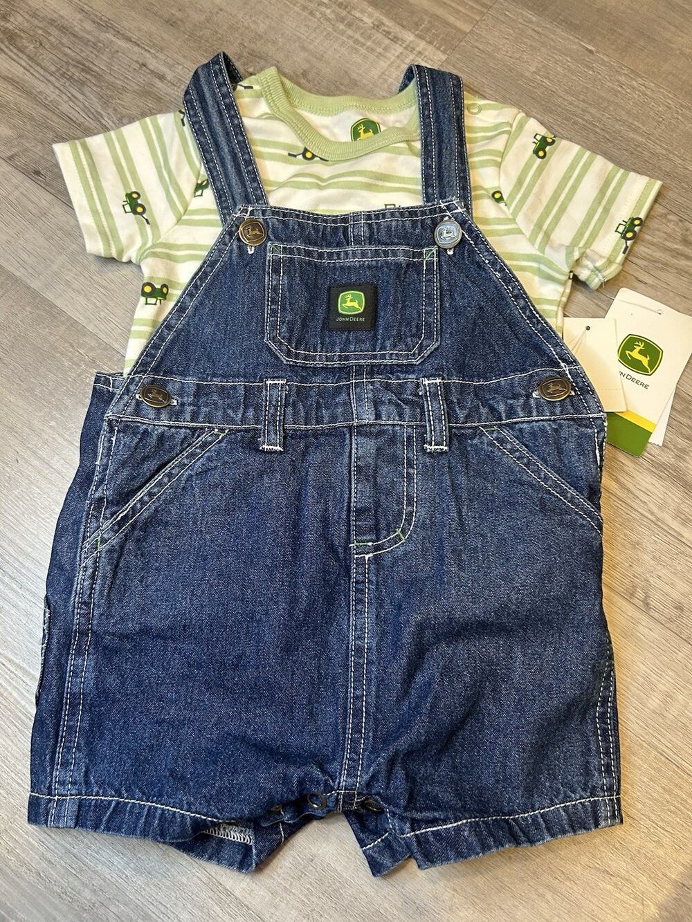 John Deere Baby Boy Denim Bib Overall Shorts Shirt Set Tractor Farm 18M